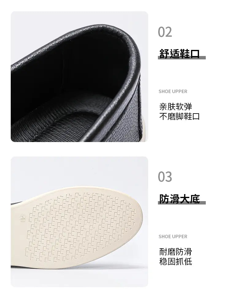 Mocassins à enfiler en cuir noir pour hommes, chaussures décontractées, avec une tige souple antidérapante et une semelle en caoutchouc blanc texturée.