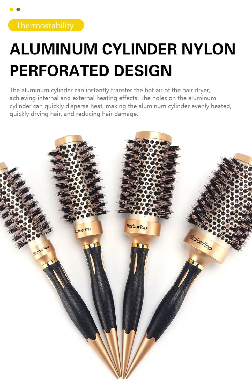 Aluminum round hair styling brush featuring a gold-accented aluminum cylinder with black nylon bristles and a sleek ergonomic handle.