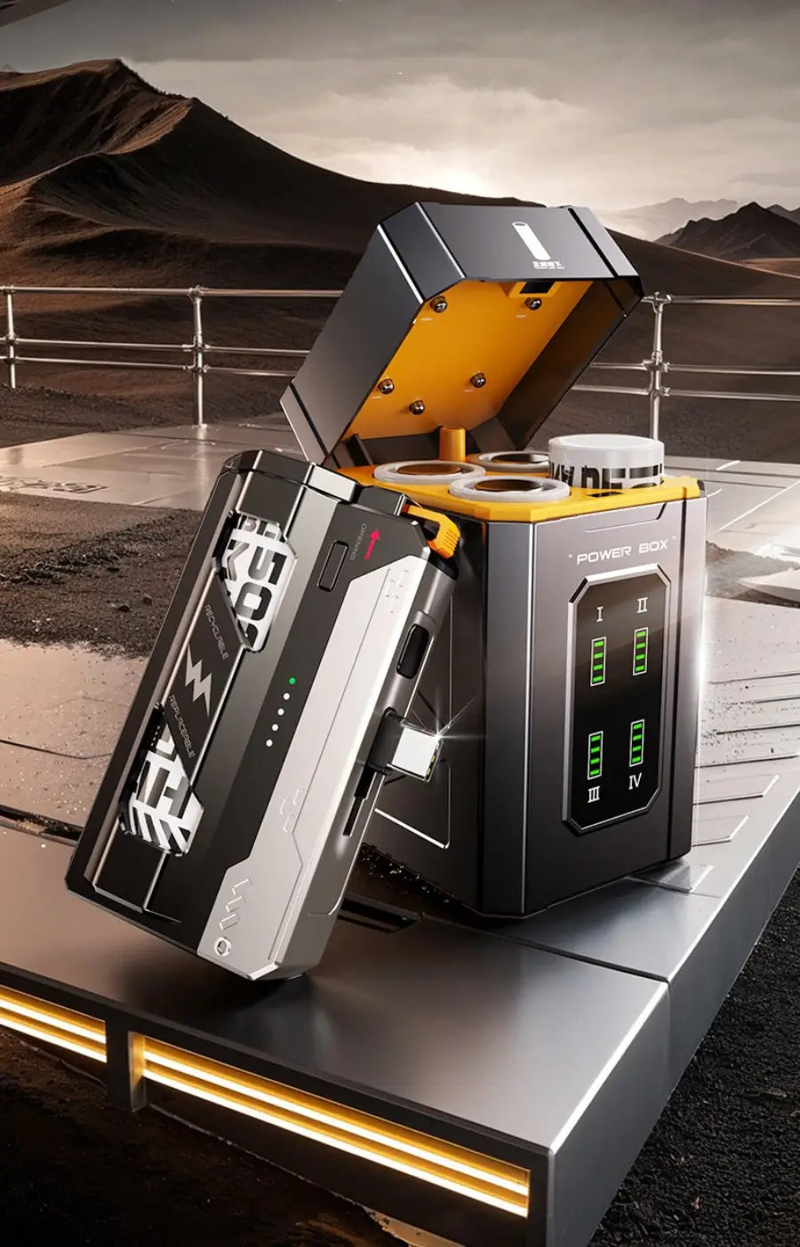 Taktische 5000-mAh-Taschenbatterie in Schwarz und Gelb mit robustem Design, mit schlankem metallischem Finish, digitaler Anzeige mit vier Akkuständen und geöffneter Abdeckung, die kreisförmige Anschlüsse freilegt – ideal, um positive Rückmeldungen an Arbeitstagen zu gewährleisten.