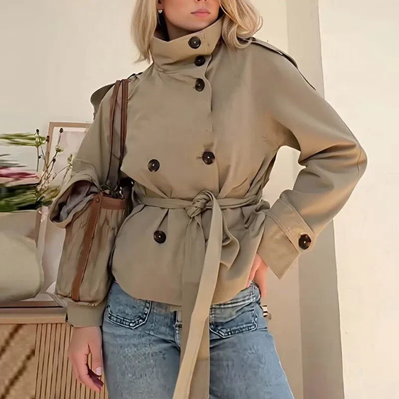 Fashion Belt Short Trench Coat Women Stand Collar Double Breasted Long Sleeve Jacket 2026 Spring Autumn New Lady Street Outwear