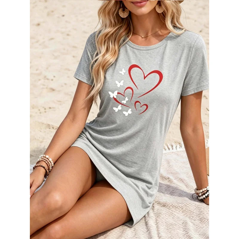 Women's Casual Dress - Fashionable Printed Short-Sleeved Round-Neck Nightgown - Loose-Fit Home Wear - Summer Beach Dress