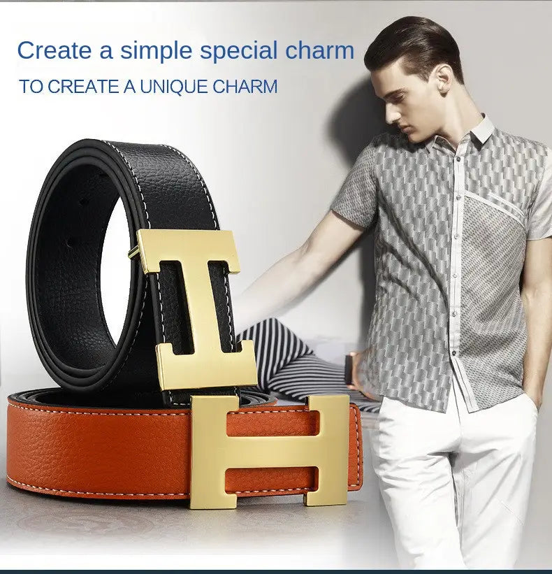 Men’s leather h buckle belts in black and tan leather with gold tone h shaped buckles in a classic luxury design.