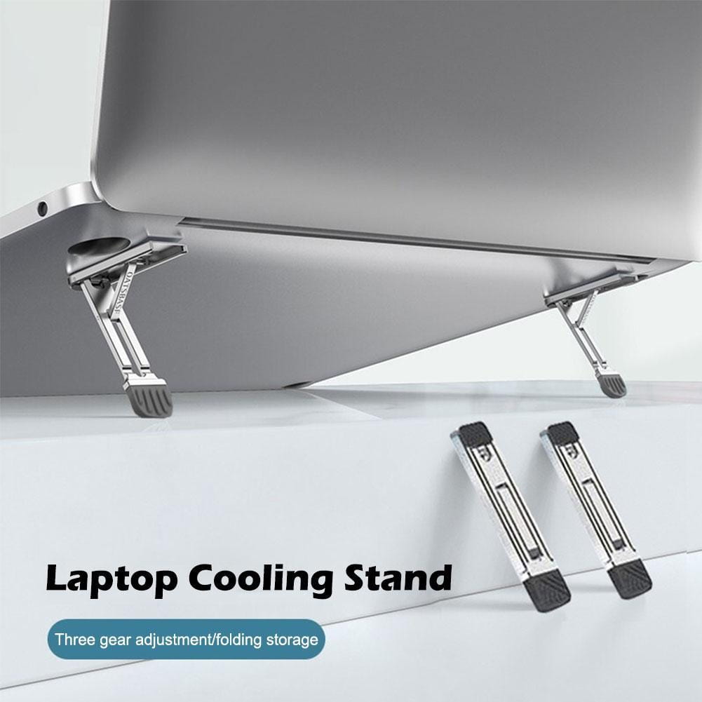 Support portable pour ordinateur portable pliant en aluminium, argent, avec une conception de refroidissement comprenant des patins en caoutchouc noir et une structure pliable élégante.