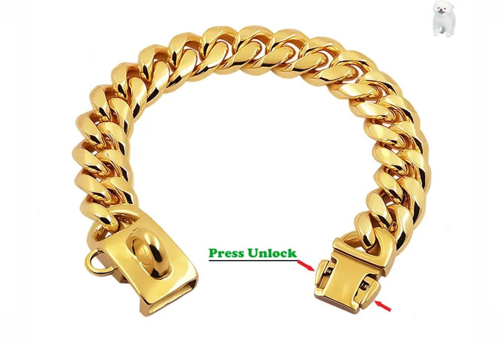 Collar para perro de acero inoxidable color dorado con diseño de eslabón cubano, con hebilla rectangular resistente y mecanismo de liberación a presión.