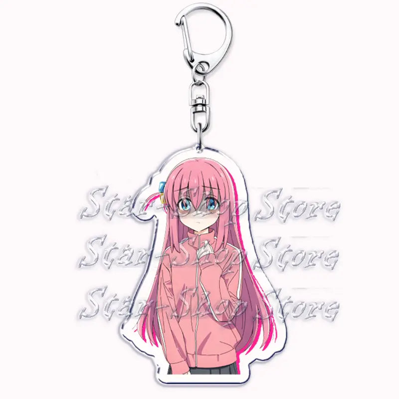 pink-haired anime character acrylic keychain with clear acrylic body and silver metal clip from bocchi the rock