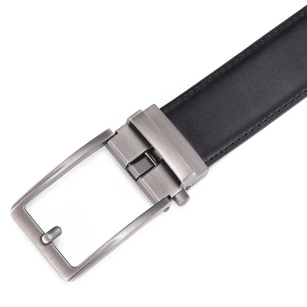 Black leather mens belt with a sleek brushed silver-toned automatic buckle.