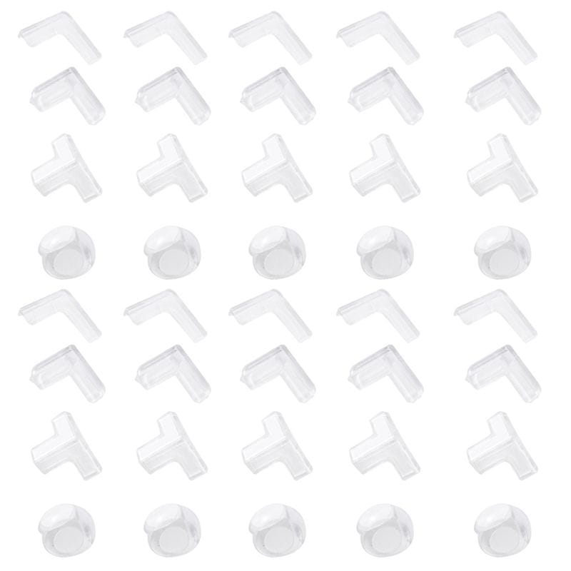 Clear corner protectors 40 pack child safety guards in various shapes made of clear plastic for furniture corner protection.