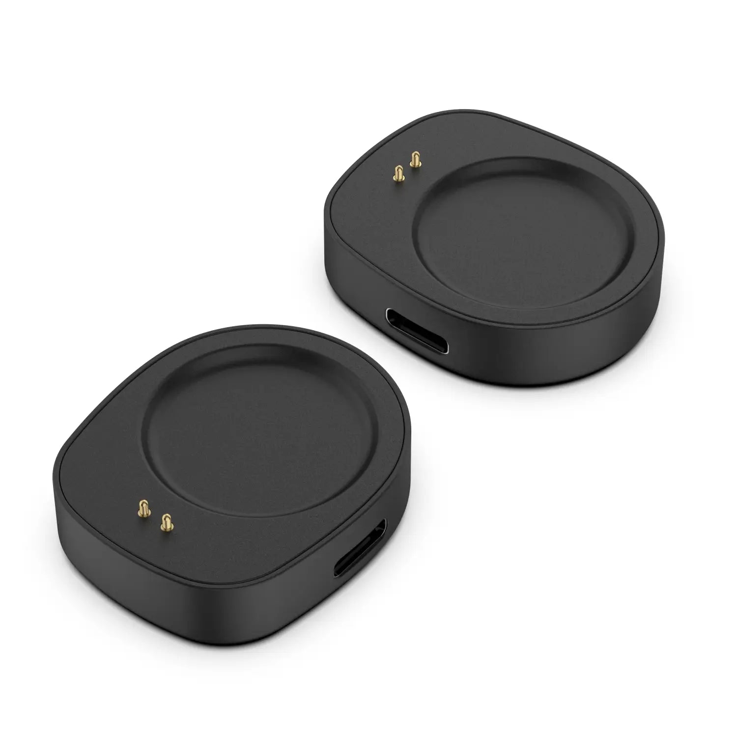convertidor negro rectangular de cargador inalámbrico para relojes inteligentes Amazfit, con clavijas de contacto en color dorado y puerto USB-C visible en el reverso