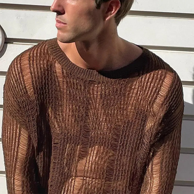 Herren-Braun mit durchscheinendem Strick, Longsleeve-Top, mit einer halbtransparenten gestrickten Rippenstruktur und einem schwarzen Rundhalsausschnitt.