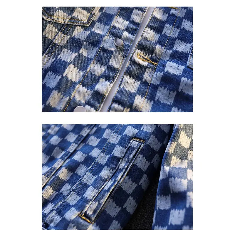 Blue and white checkered oversized denim jacket with subtle distressing details designed for men streetwear.