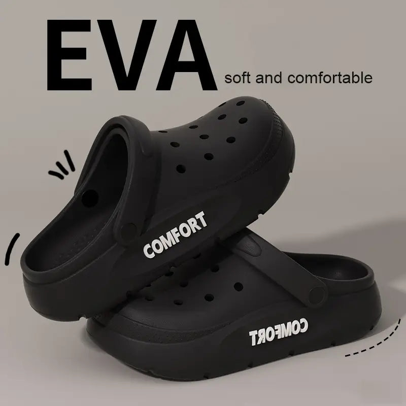 Unisex-Dicke-Plattform-Schwarze-Eva-Clog-Sandalen mit einer dicken, gepolsterten Sohle und einem perforierten Obermaterial.