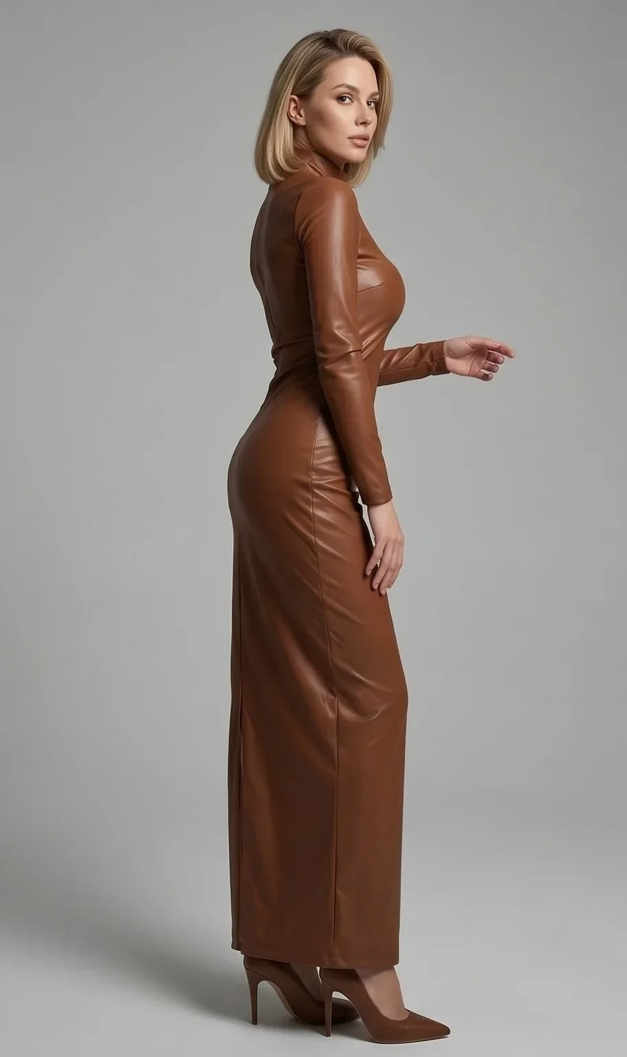 Women's PU Leather Dresses PVC Oil Shiny Elastic Nightclub Party Slimming Bodycon Lift Butt Long Sleeve Woman Elegant Dresses