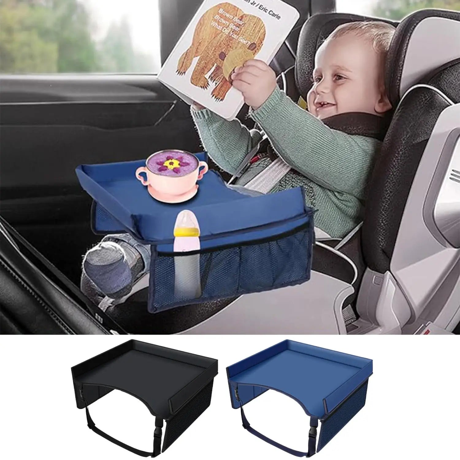 Blauer Stoff für Kinder-Autositz-Reisetablett-Lapdesk-Organizer mit Netztaschen und verstellbaren Gurten für eine sichere Montage