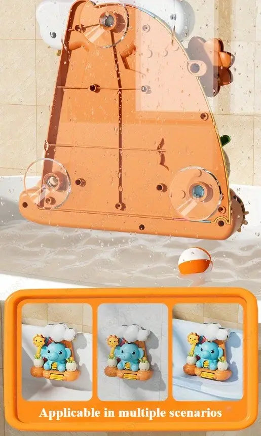 Jouet de bain pour bébé en forme d’éléphant en plastique orange : roue à eau avec ventouses et conception transparente résistante à l’eau.