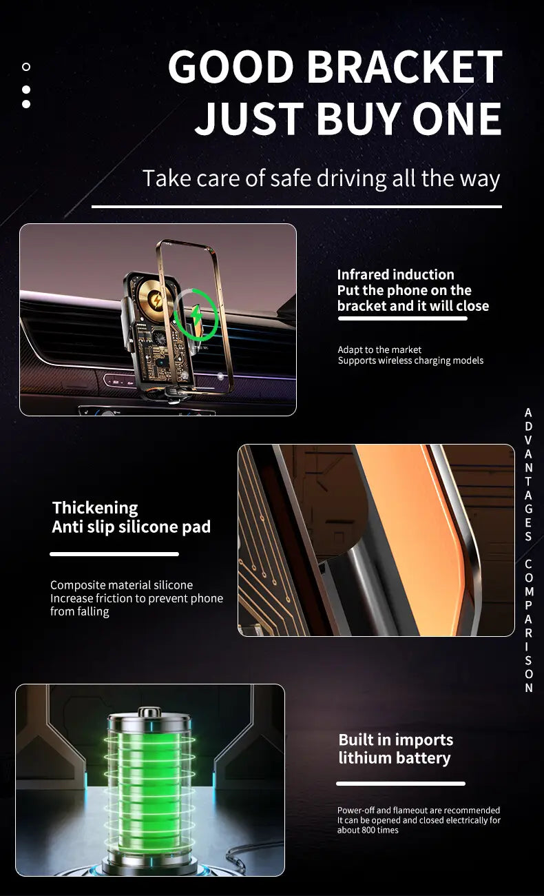 Black and silver wireless charger phone holder with infrared auto clamping technology and anti-slip silicone pad for secure wireless charging in a car.