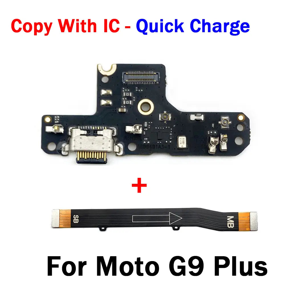 black charging board for Motorola Moto g series featuring a silver usb-c charging port with gold contacts and a black flexible ribbon cable for usb charging dock use
