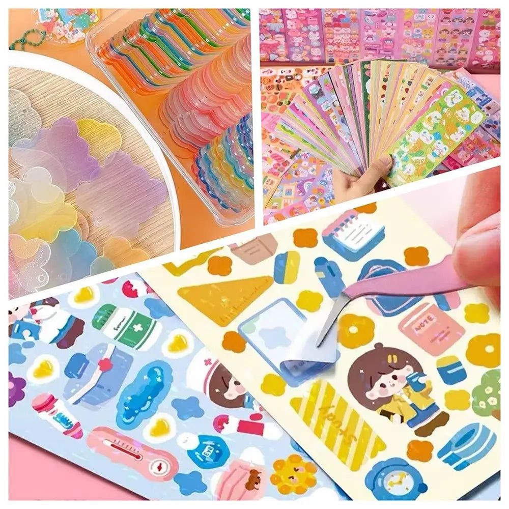 Eine farbenfrohe Auswahl an kawaii-hübschen Cartoon-Aufklebern in verschiedenen Formen für Scrapbooking- und Tagebuchdekoration.