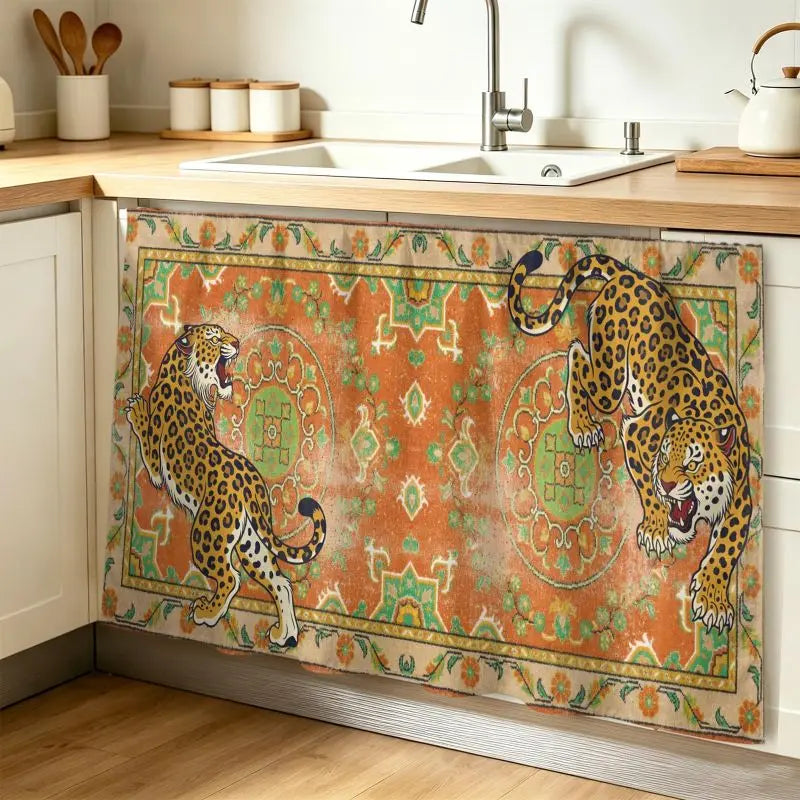 VIKAMA Boho Antique Leopard Pattern Cabinet Curtain Oriental Rug Under Sink Dust Cover Kitchen Counter Decor Short Curtain