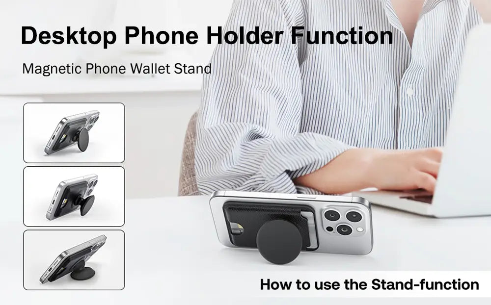 Silberner Magnetkartenhalter und Leder-Telefonhalter mit schwarzer kreisförmiger Basis zur Aufnahme und Organisation von Smartphones.