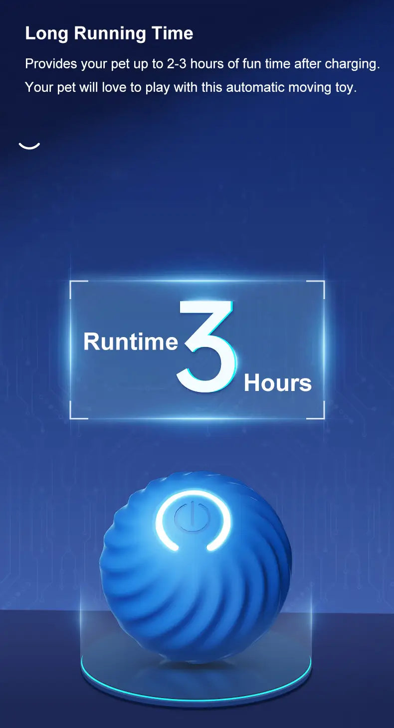 A glowing blue ribbed spherical rolling ball dog toy with a neon power symbol designed as an interactive rechargeable chase accessory.
