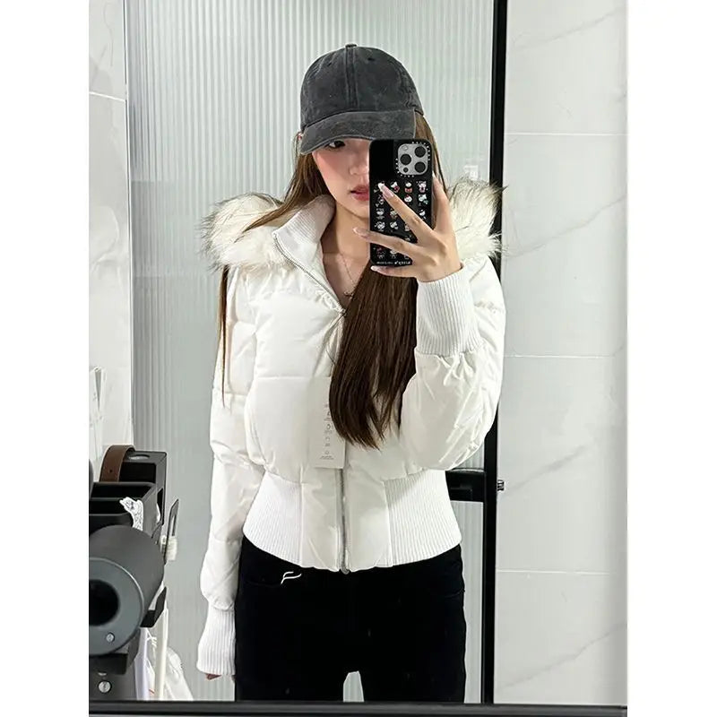 Autumn & Winter High-Waisted Cropped Jacket Sweet Warm Cotton Padded Coat Women Fur Collar Hooded Jacket Y2k Parkas Streetwear