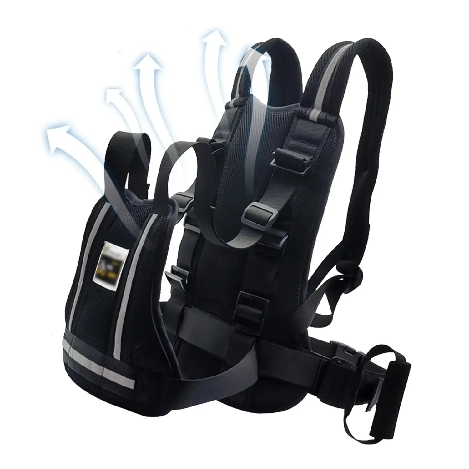 schwarzes Mesh-Kind-Motorrad-Sicherheitsgeschirr mit reflektierenden Streifen und verstellbaren Trägern, ausgelegt als Antirutsch-Sitzgurt.