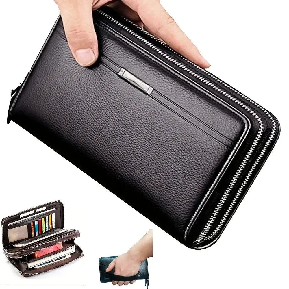Portefeuille long pour homme en cuir texturé noir, fermeture à glissière en argent et attache métallique, comprenant un porte-cartes et une poche intérieure à emplacement pour un rangement organisé.