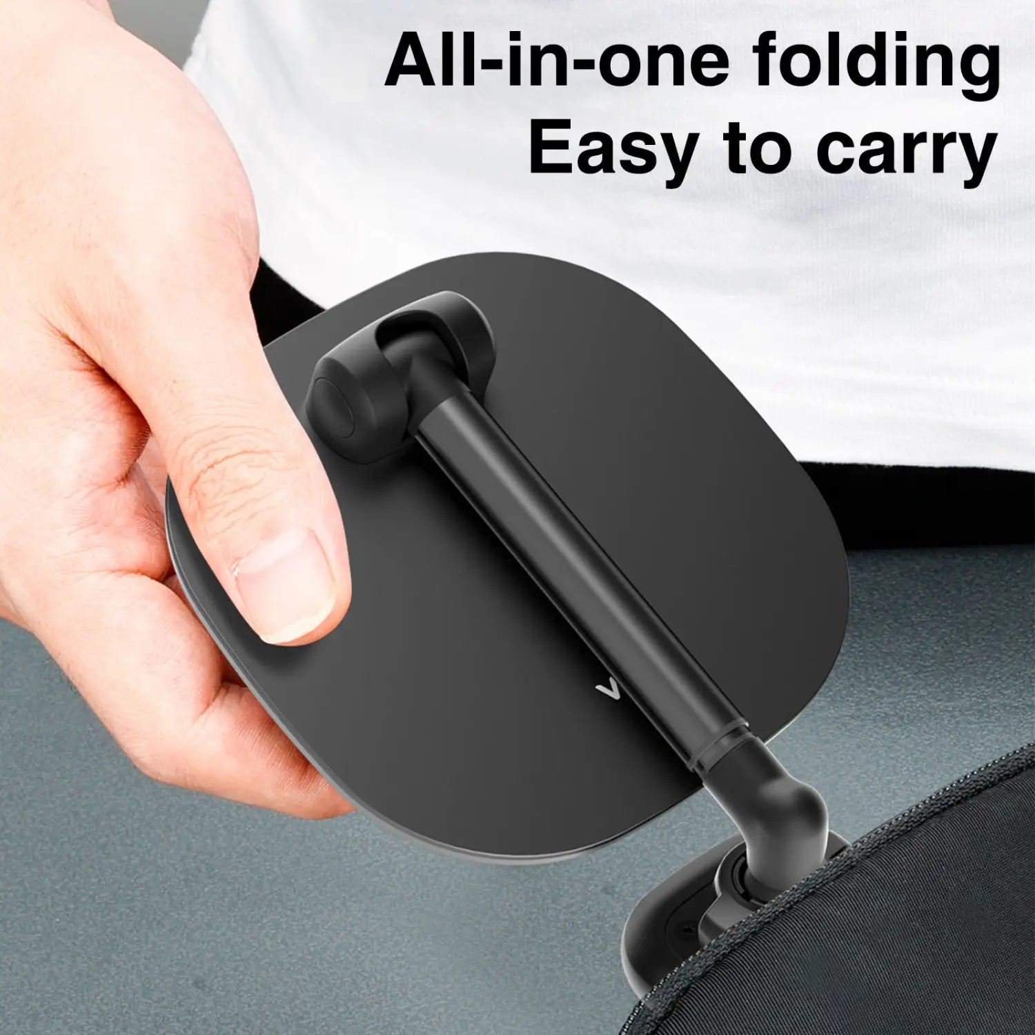 Schwarzer All-in-One Klappspiegel mit schlankem minimalistischen Design und robustem, in eine Desktop-Magnetische kabellose Lade-Handyhalterung integrierten Griff.