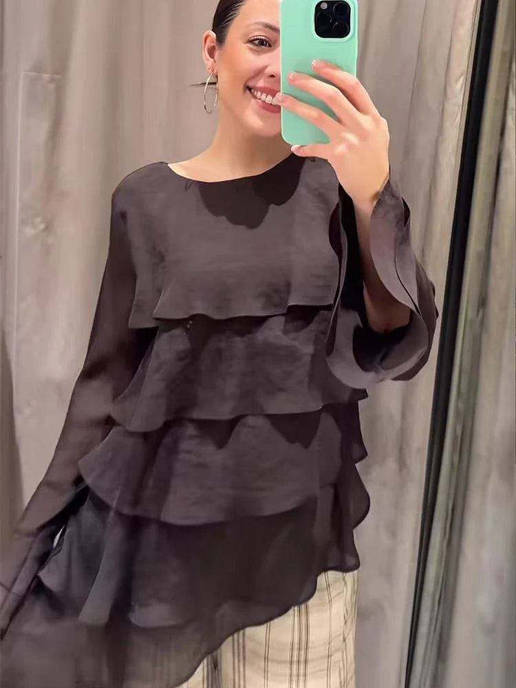 Women Casual Chic Blouse O-Neck Tierred Long Sleeve Loose Shirts Vintage Style Tops New Fashion Summer Elegant Lady Outfit