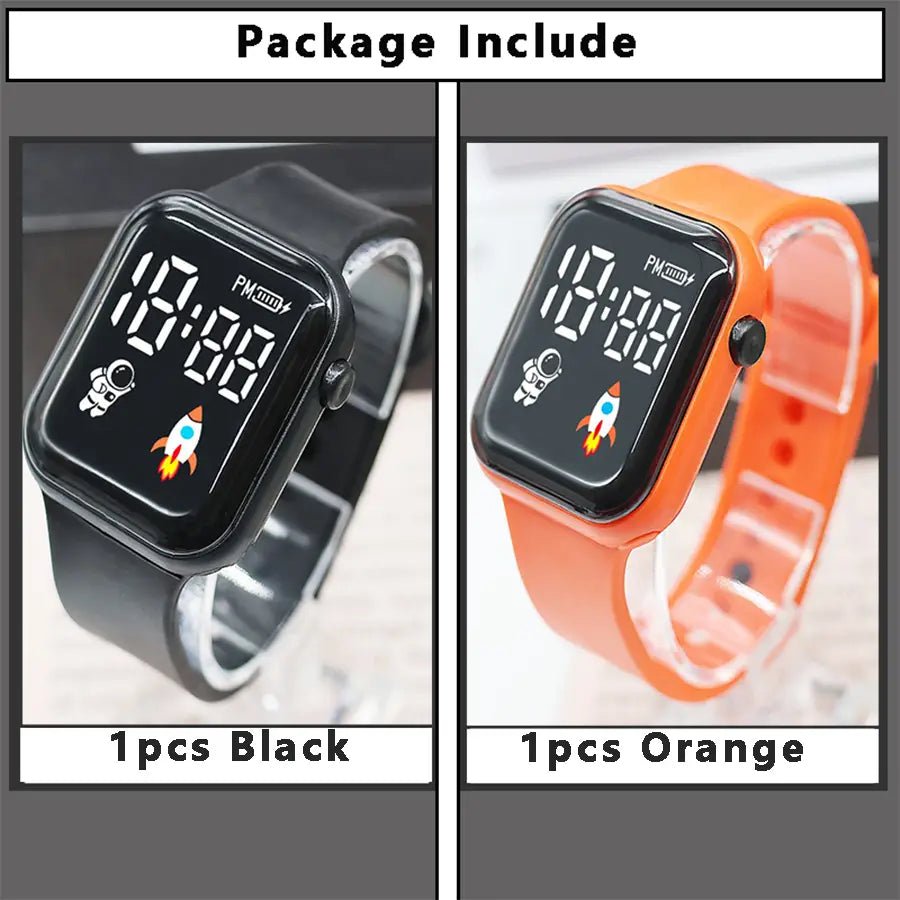 Montre électronique noire et orange pour enfants, garçons et filles, avec affichages numériques LED à thème spatial, astronaute et fusées sur écrans noirs, et bracelets en silicone assortis