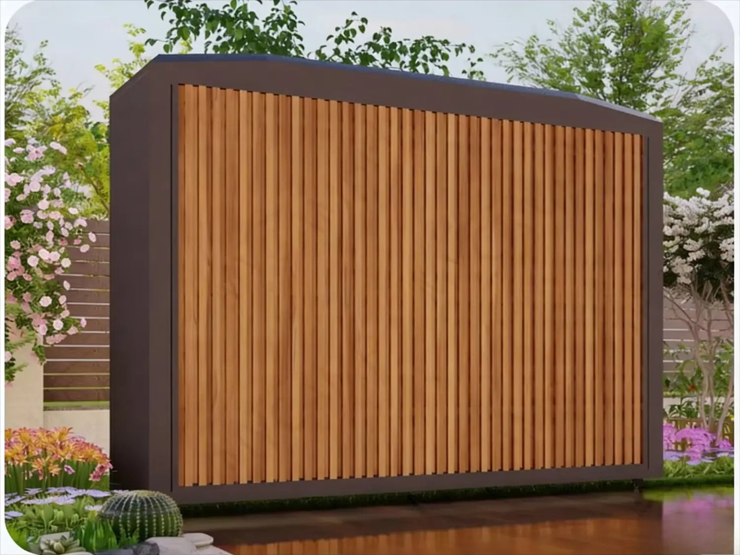Modern outdoor storage shed featuring vertical wooden slats and dark brown metal frame as part of a modular kitchen outdoor cabinet set designed for customer service and durability.