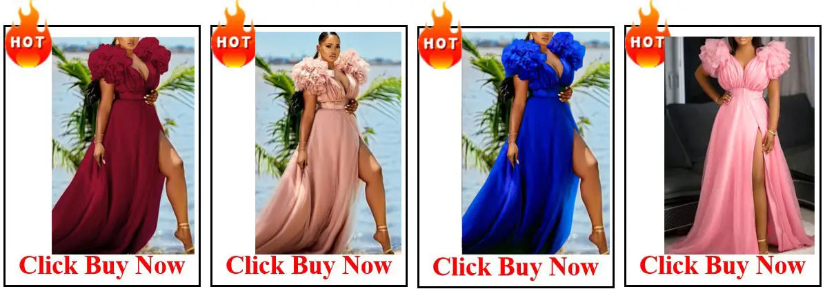 a flowing, floor-length purple satin evening gown with voluminous puffed sleeves and a high slit complementing a two piece set with wide leg pants