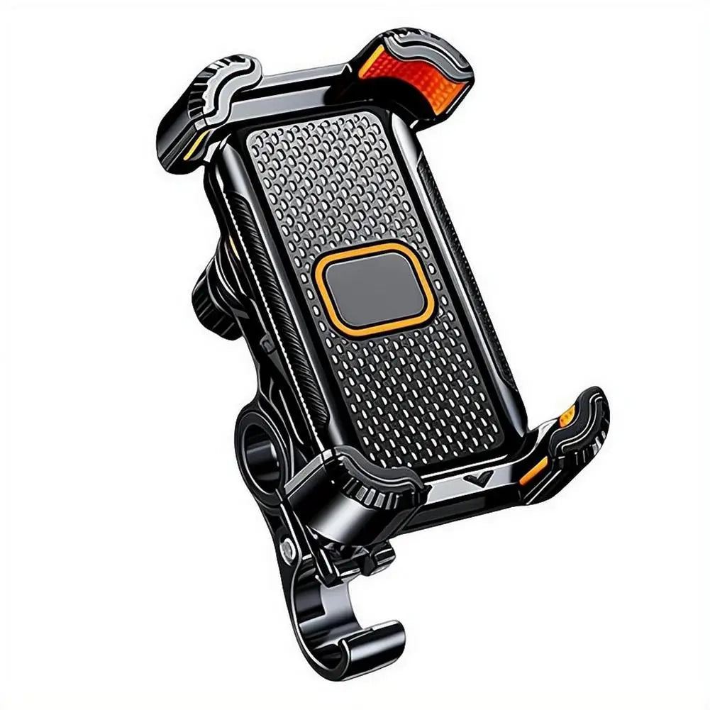 Schwarz- und orangefarbener stoßdämpfender Motorrad-Phonehalter mit strukturierter Griffoberfläche und integriertem LED-Licht, von der Rückseite dargestellt