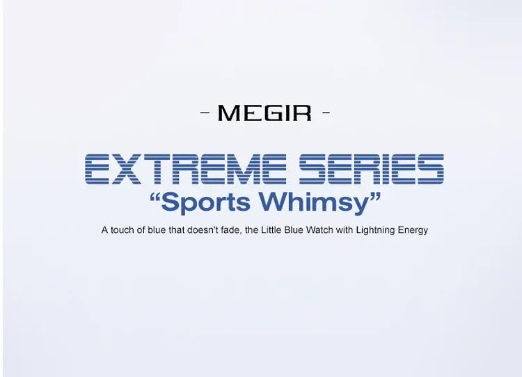 Megir Men chronograph quartz sport watch with a bold blue design and lightning energy motif from the extreme series sports whimsy collection.