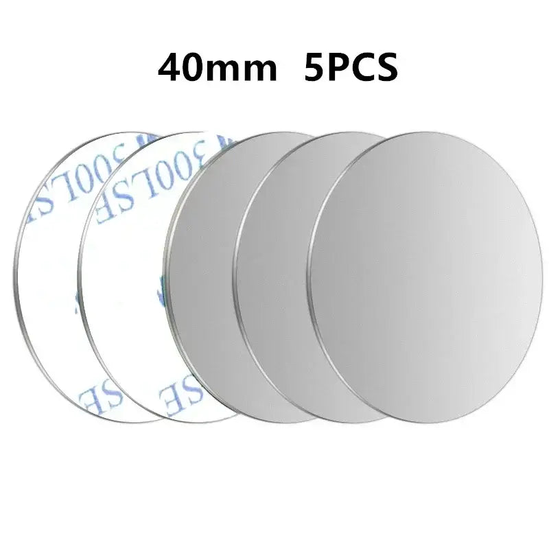 ensemble de cinq disques de plaque métallique ronds de 40 mm, avec une finition métallique argentée élégante et un support adhésif transparent, pour une utilisation dans un porte-téléphone de voiture à fixation magnétique.