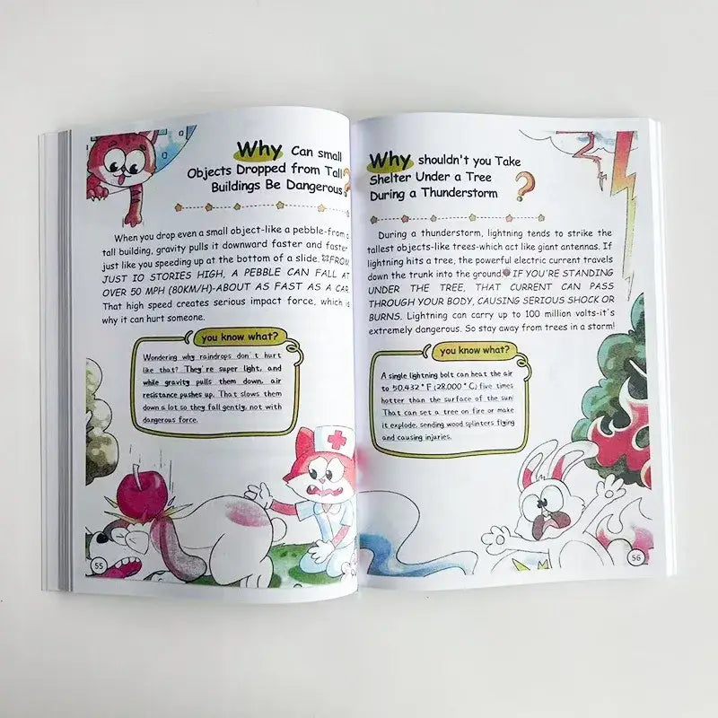Ein offenes Kinderbildungsbuch mit dem Titel 100000 Whys Kids Science Encyclopedia, mit farbenfrohen Cartoon-Illustrationen und Text, der physikalische Konzepte wie Gravitation und Blitz erklärt.