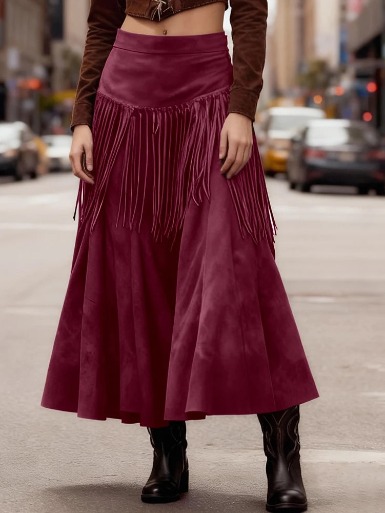 New Ethnic Elegant Solid Tassel Slim Fit Midi Skirt Brown Wide Hem Long Skirt Party Evening Dresses Versatile  Female Clothing