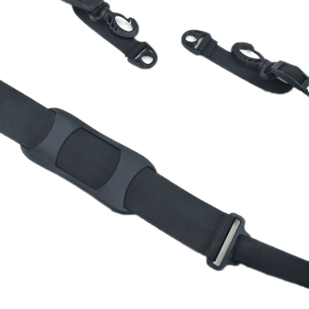 black elastic electric scooter carrying strap with adjustable nylon shoulder belt featuring a molded plastic buckle and metal hook attachment