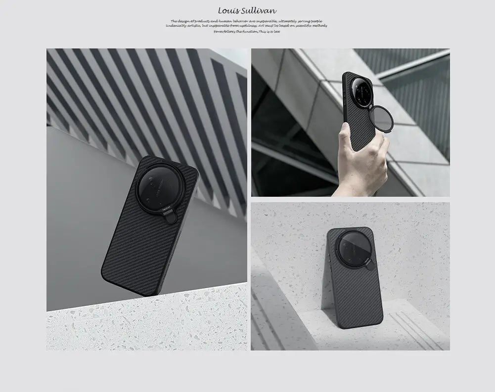 black carbon fiber textured back side of nillkin carboprop phone case for xiaomi 17 ultra with circular camera cutout and attached magnifying lens leica edition