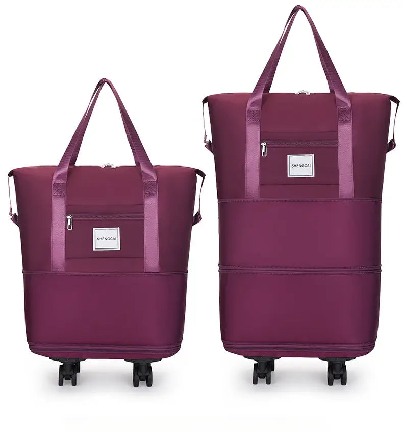 Deux sacs duffel roulants bordeaux à grande capacité, avec des poignées renforcées, des poches avant et une finition élégante en tissu de nylon pour un usage en voyage