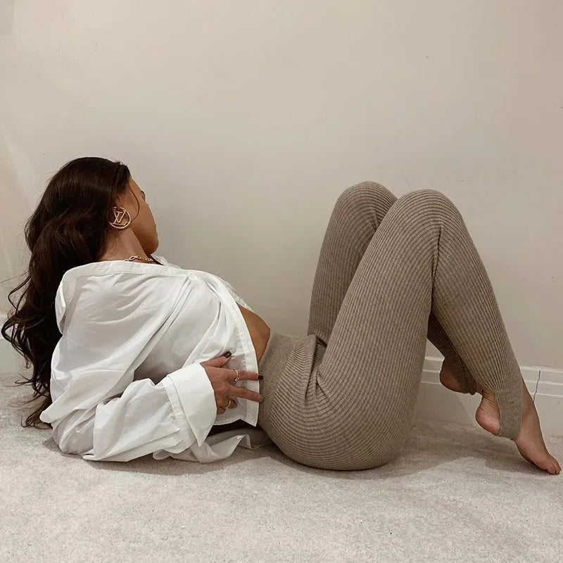 Women Ribbed Knit Leggings Fashion Beige High Waist Cotton Fitness Basic Pants Female Casual All-Match Stretch Skinny Leggings
