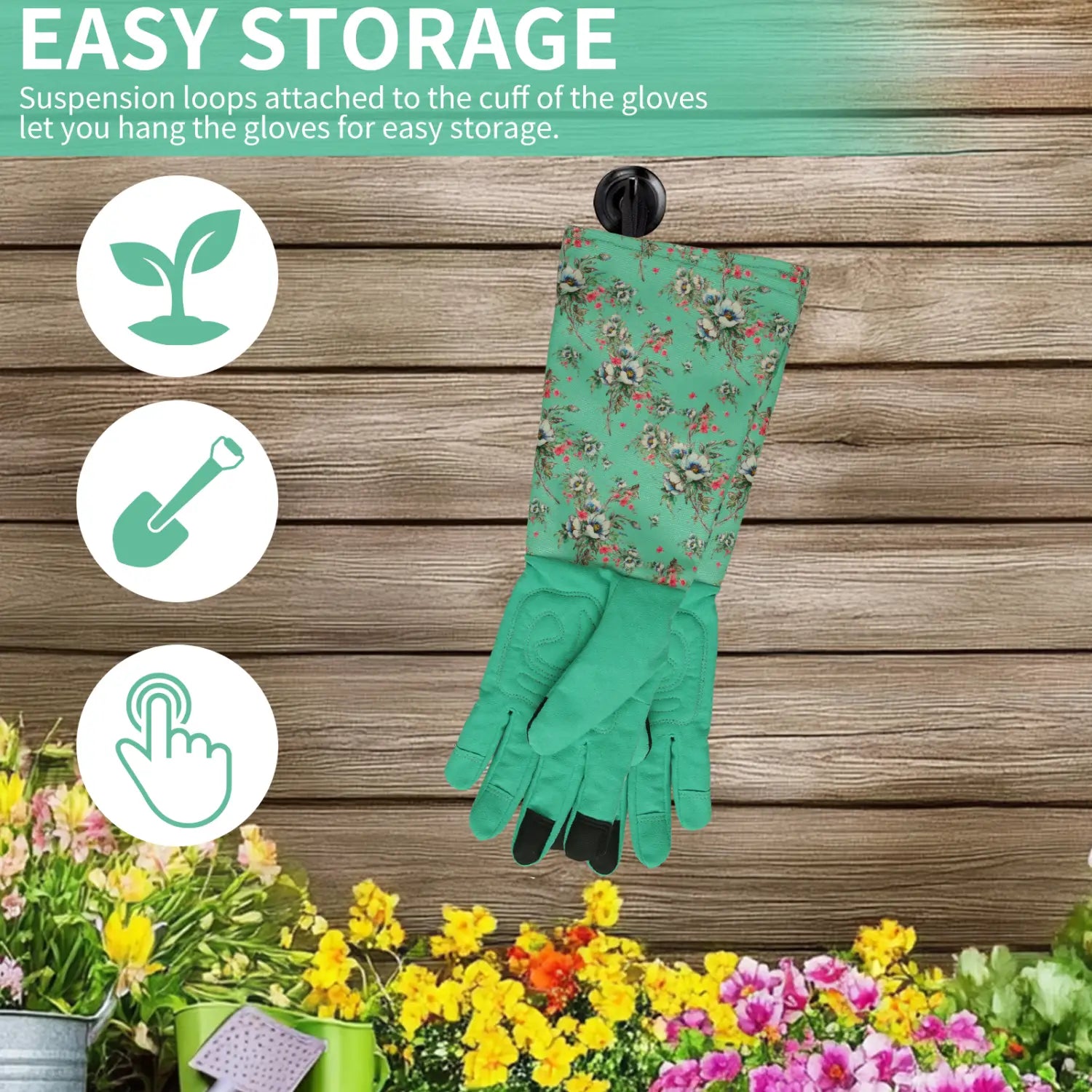 Gant de jardinage respirant anti-épines à motif floral vert pour femmes, doté de bouts de doigts compatibles avec l’écran tactile et de boucles de suspension pour un rangement facile, présenté du côté arrière.