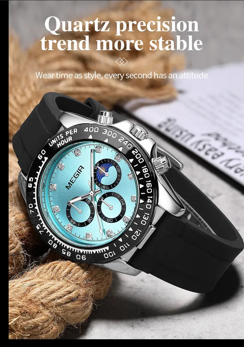 A sleek silver-toned Megir men luxury sports quartz chronograph watch with a vibrant turquoise dial, black rubber strap, and diamond accents on the hour markers.
