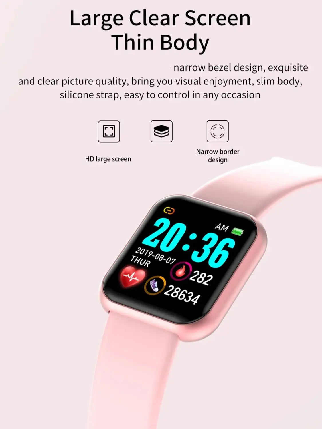 Pink silicone strap smartwatch with rectangular screen displaying time and health metrics as a fitness tracker Bluetooth sport bracelet.