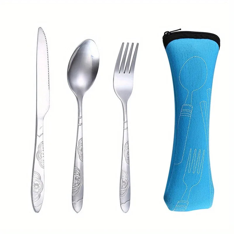Portable Dinnerware Set - Ultra-Portable, Vibrant Printed, Stainless Steel Cutlery Set with Knifes, Fork, Spoon Carrying Bag