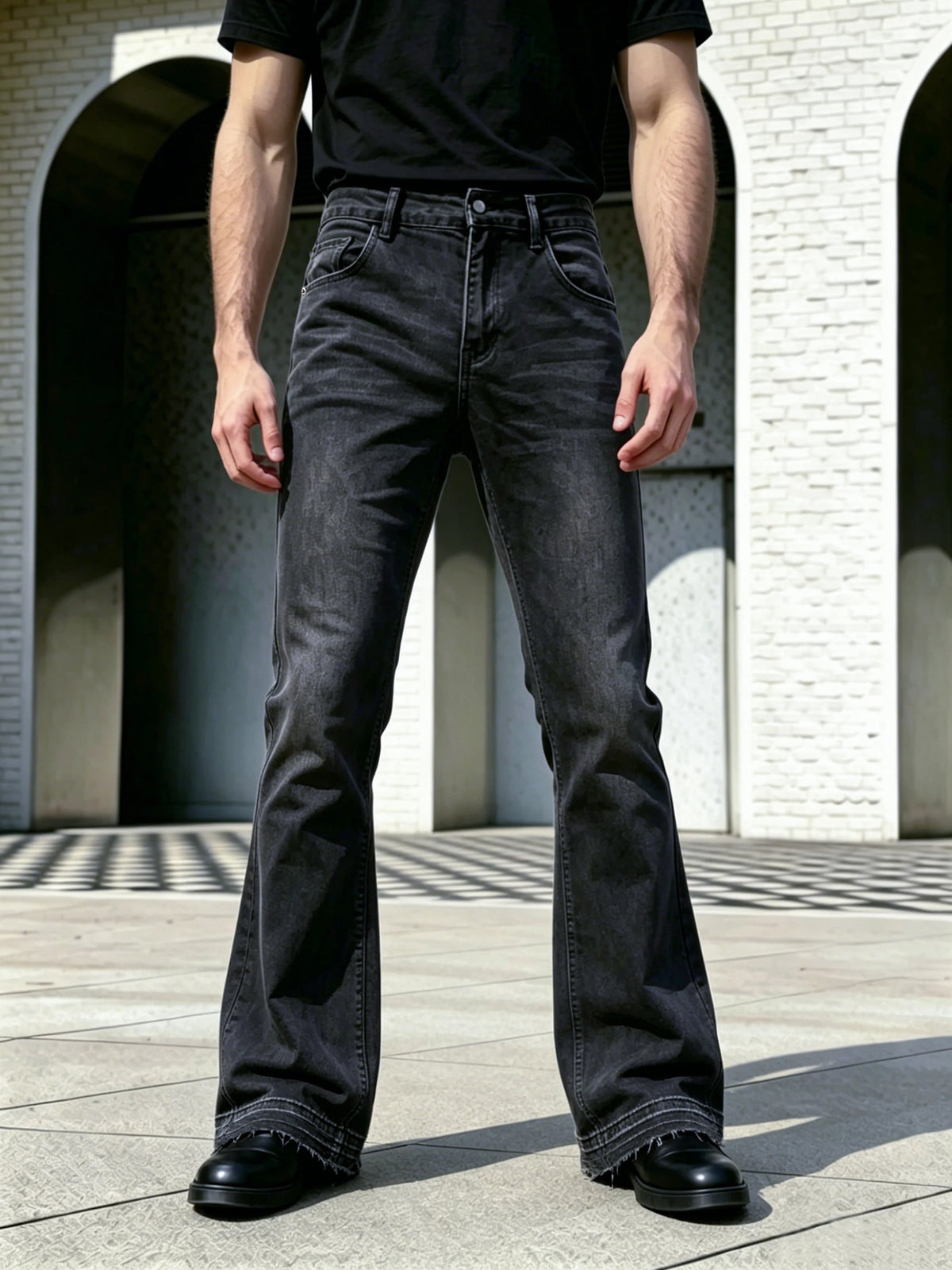Men Pants Jeans Clothing Denim Trousers Men's Black Washed Frayed Hem Flared Bootcut Denim Jeans