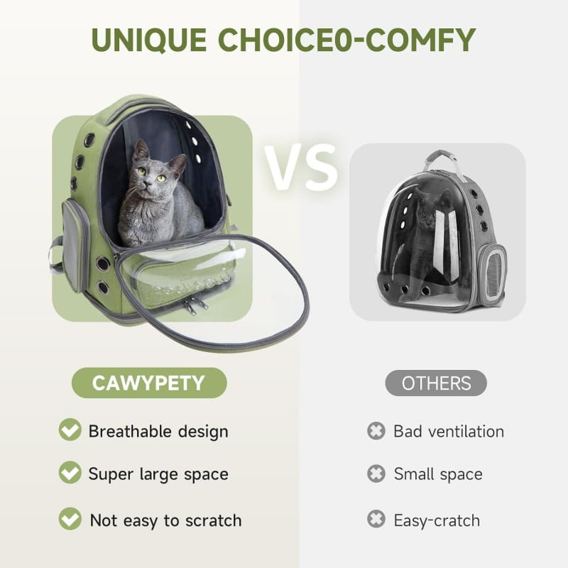 Mochila para gato mascota tipo astronauta en color verde oliva, con cúpula transparente y panel lateral diseñado para un transporte cómodo.