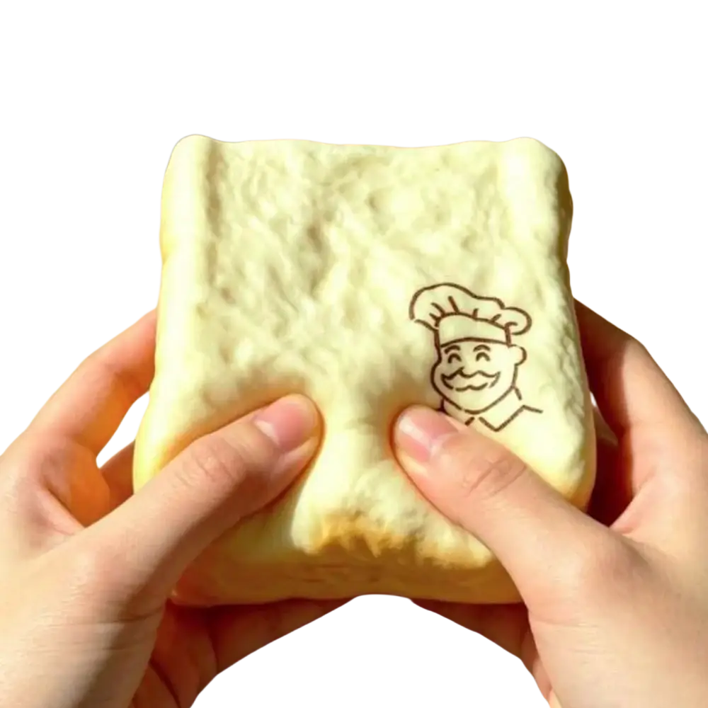 Pale yellow foam squeeze toy shaped like bread toast with black chef illustration recommended for universal age range fidget toy