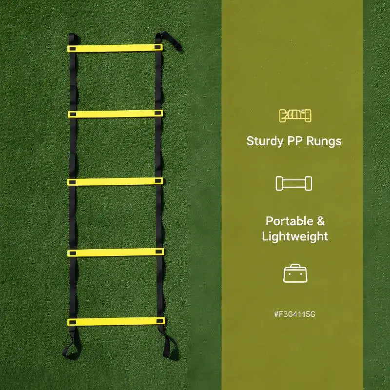 Gelbe Agilitäts-Trainingsausrüstung Speed-Ladder mit schwarzen Nylon-Gurten und Griffen aus stabilem PP-Material für eine verbesserte Haltbarkeit.