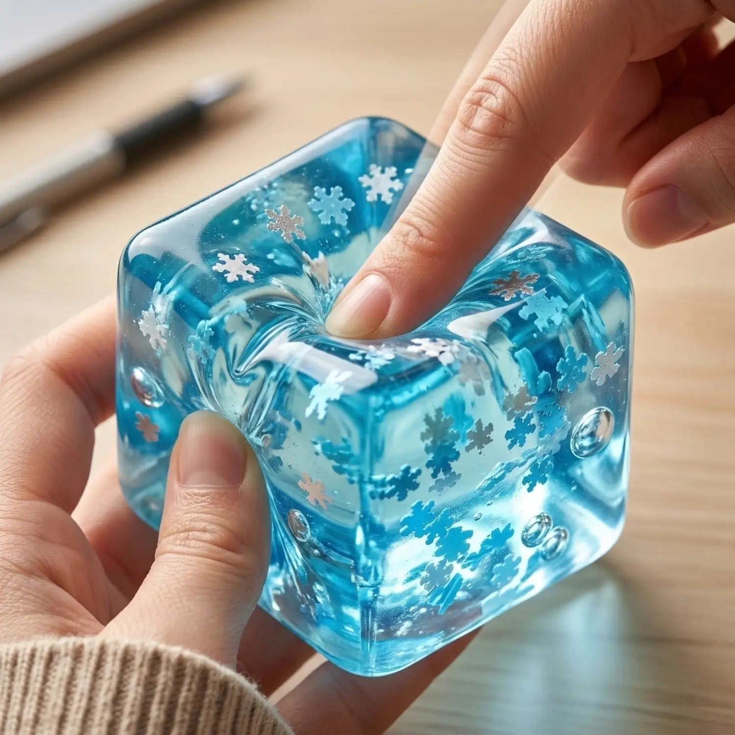 ein durchscheinender blauer Gel-Würfel aus Malzzucker-Entspannungs-Quetschspielzeug zur Stresslinderung, mit eingebetteten weißen und silbernen Schneeflocken-Designs, die von den Fingern zusammengedrückt werden
